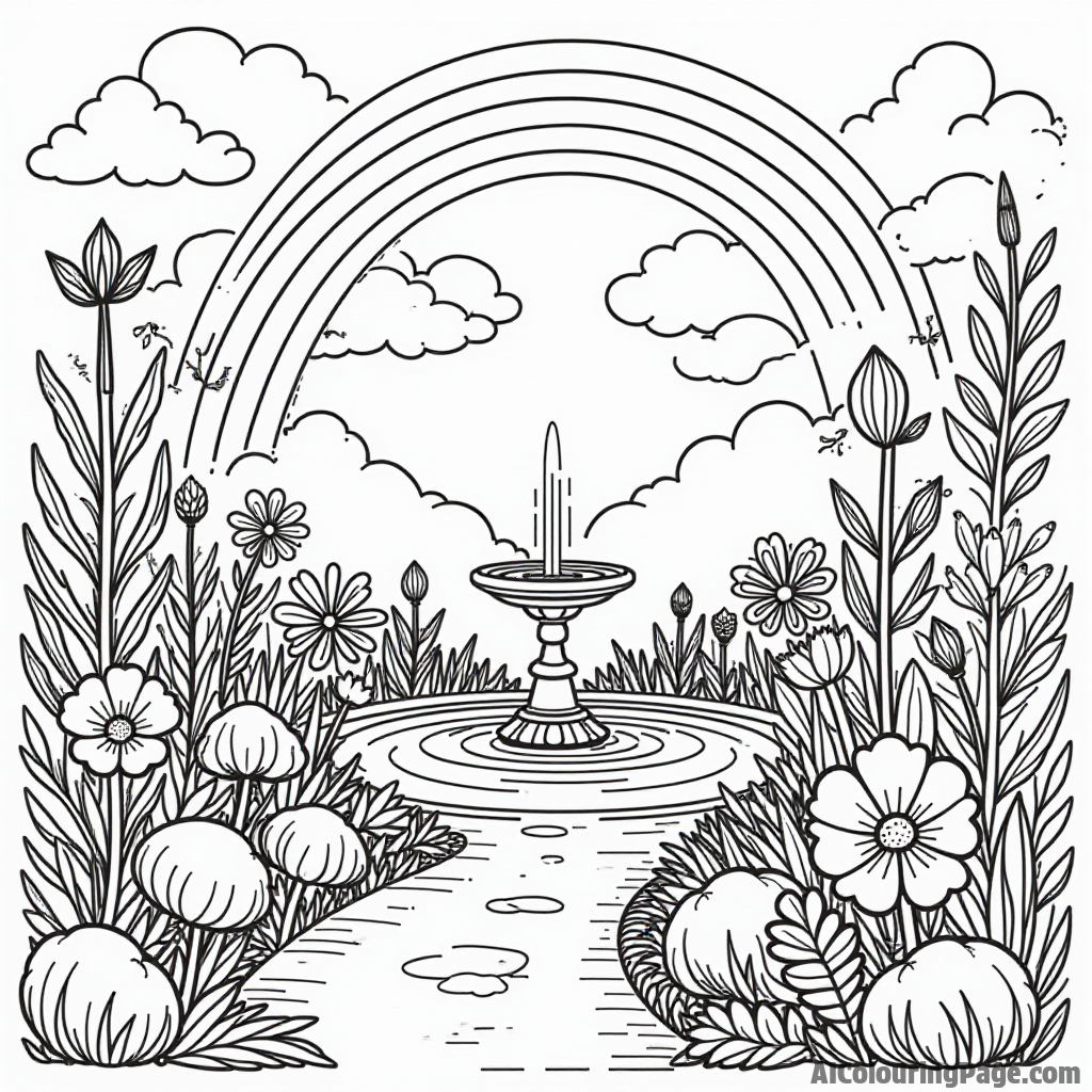 A magical garden filled with whimsical plants, flowers, and a fountain, with a rainbow arching overhead.