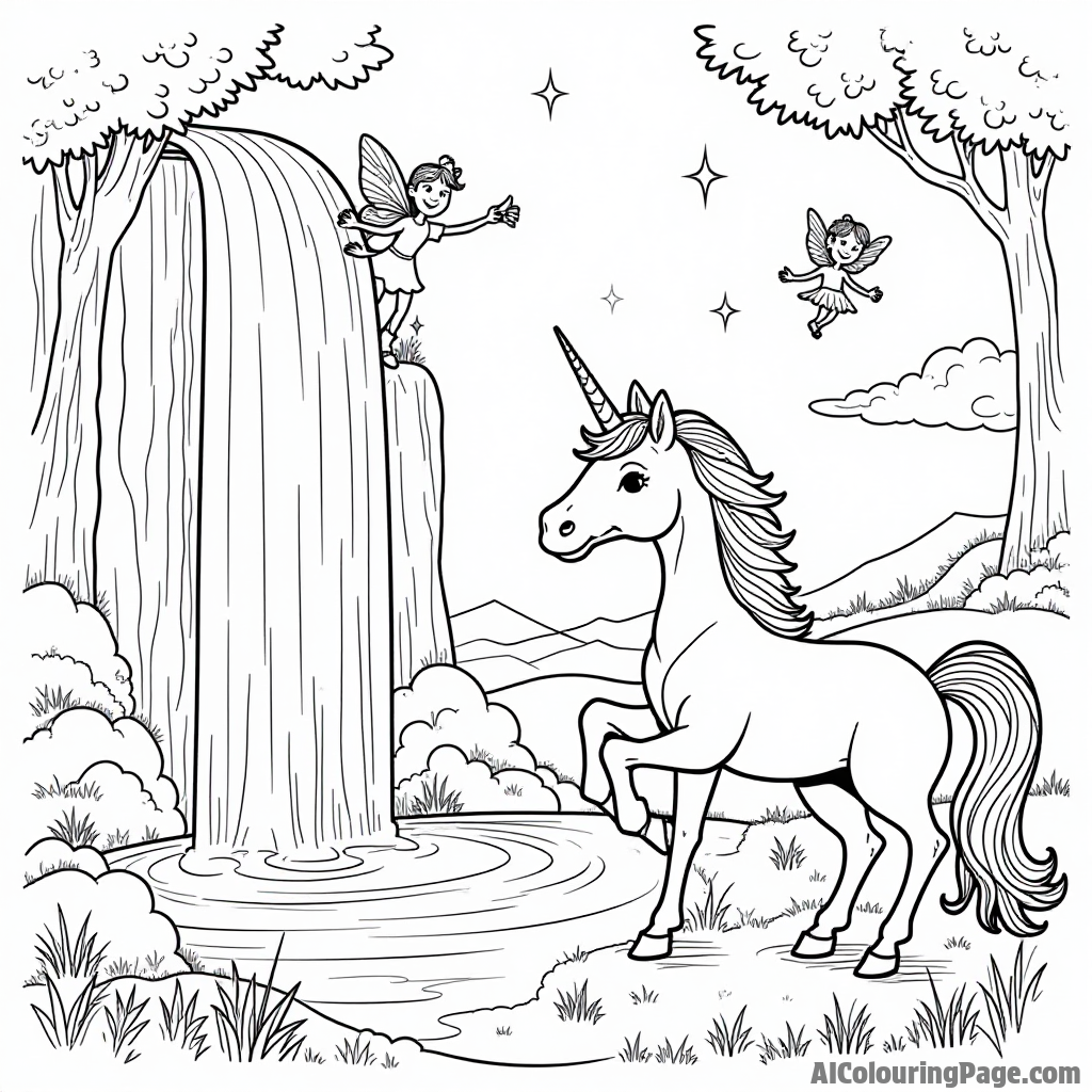 A unicorn beside a sparkling waterfall with playful fairies dancing around, creating a scene full of enchantment and joy.