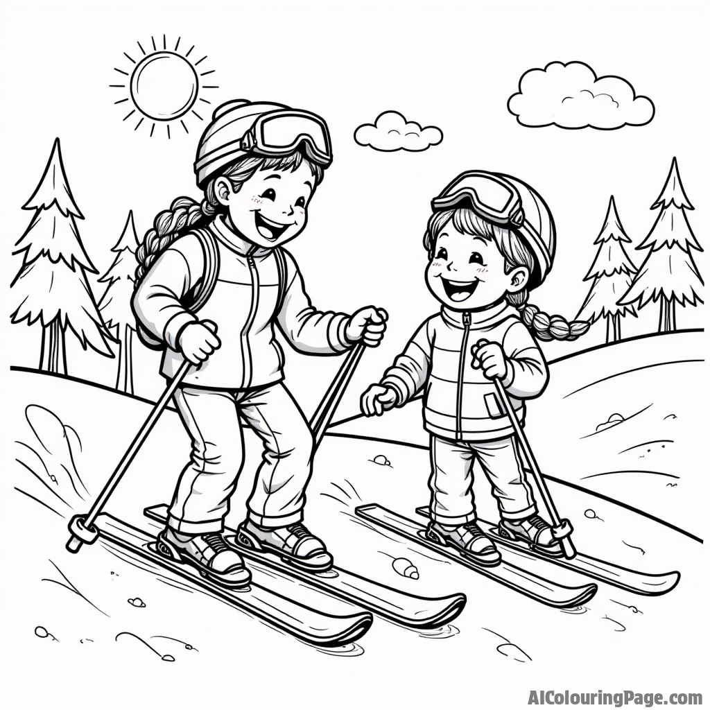 A pair of friendly ski instructors teaching two excited children on a gentle slope, surrounded by colorful ski gear and a sunny sky for a fun sports activity coloring page.