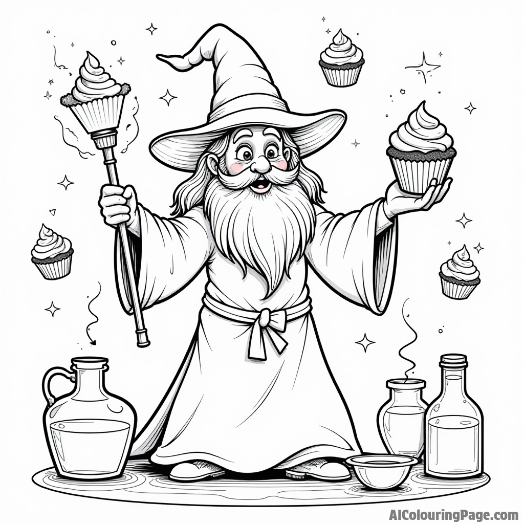 A cupcake wizard casting sweet spells, with cupcakes floating in the air, surrounded by magical ingredients and potions.