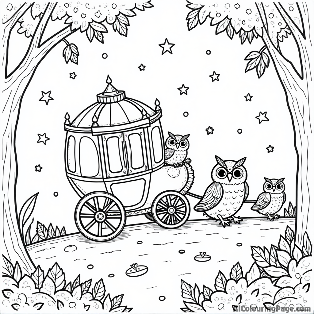 A magical carriage pulled by owls, traveling through a forest filled with sparkling stars and swirling leaves.