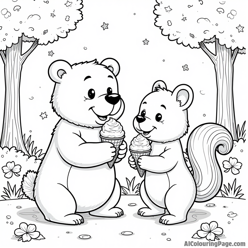 A playful bear and squirrel sharing ice cream cones on a sunny day in a vibrant forest