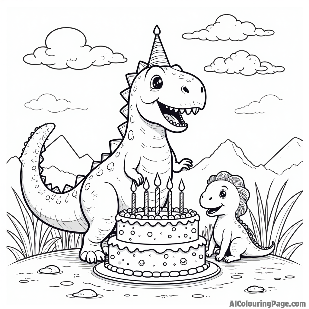 A dinosaur celebrating its birthday with a colorful cake surrounded by friends and balloons in a prehistoric setting.