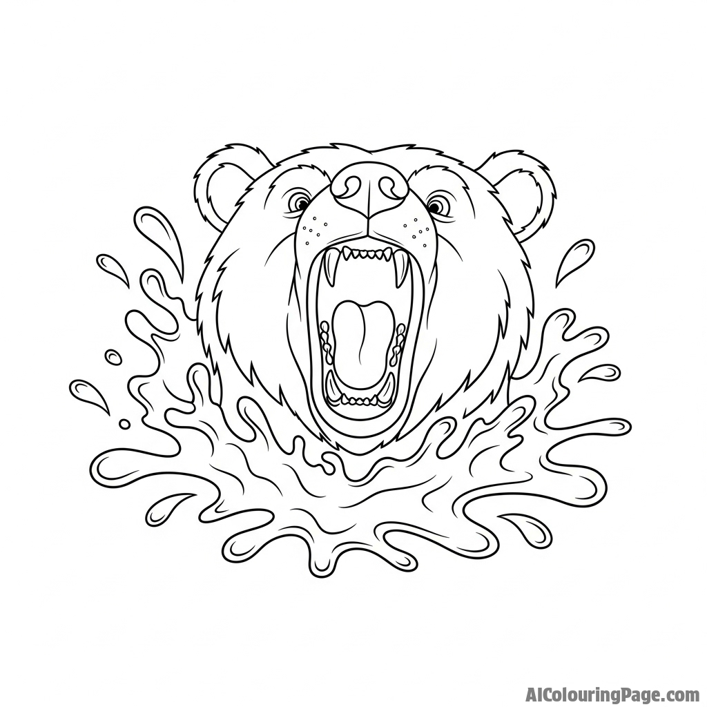 The face of a bear roaring, captured in a splash of liquid metal.