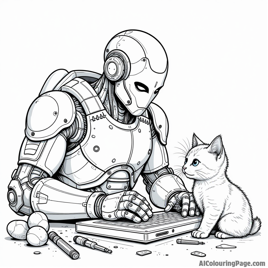 Cyborg working on his gadgets, tools scattered around him, and a playful kitten trying to catch a screwdriver in the corner.