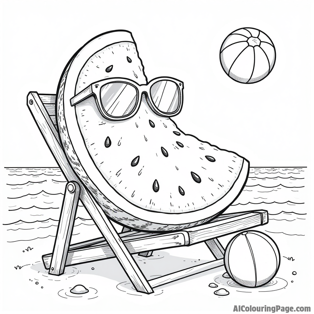 A whimsical watermelon slice wearing sunglasses, relaxing on a beach chair, with waves and a beach ball in the background.