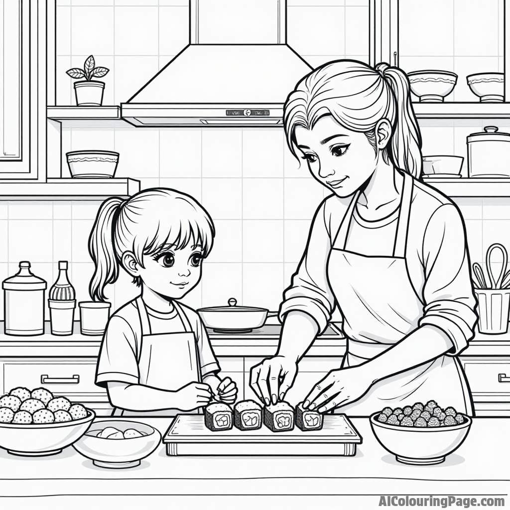 A cozy kitchen scene with a child learning to make sushi, a parent guiding them, and colorful ingredients on the counter.