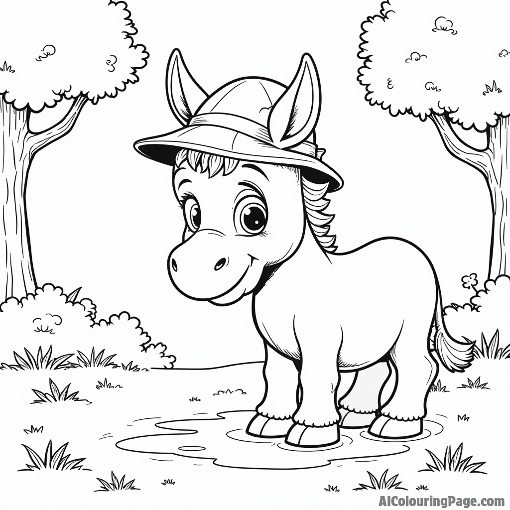 A cute donkey wearing a detective hat, examining footprints in the mud, with trees and bushes in the background