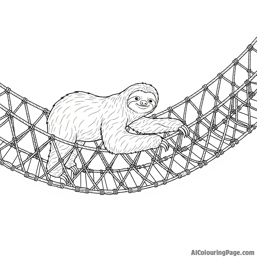 A sloth navigating a complex rope bridge, one deliberate step at a time.