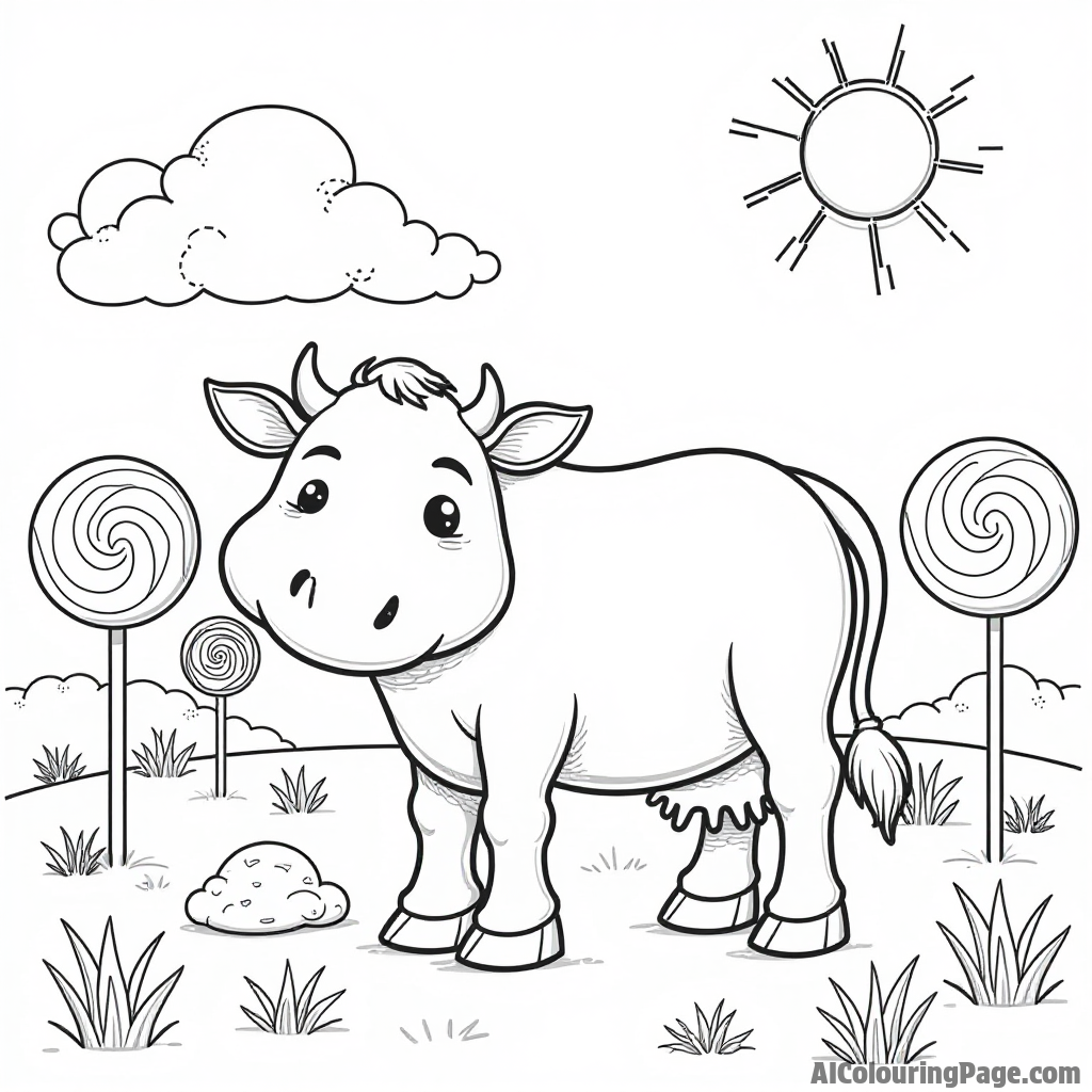 A friendly chocolate cow grazing in a field of candy grass and lollipop trees under a bright sun.