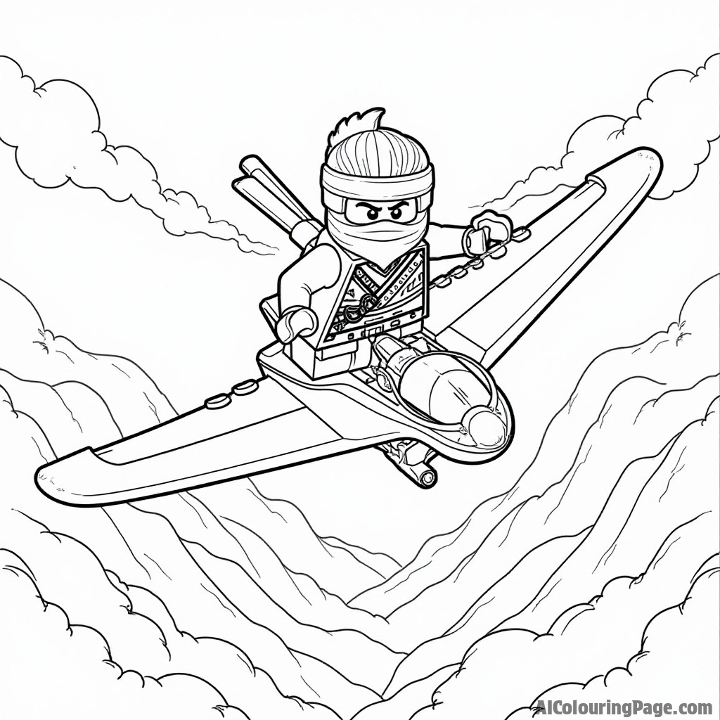 A Lego Ninjago character flying a glider through the air, with clouds and mountains below, capturing the thrill of flight and adventure for an exciting coloring page for young artists.