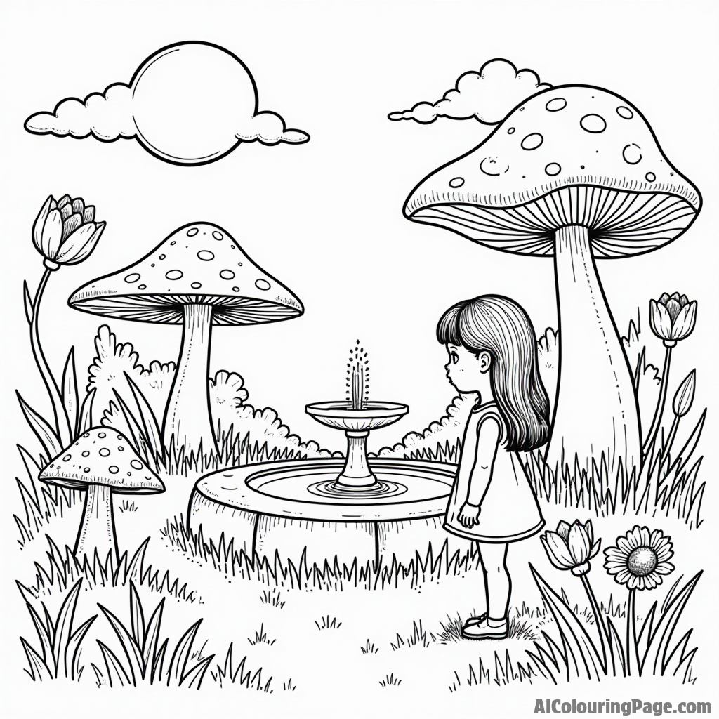 A doll discovering a whimsical garden with giant mushrooms, talking flowers, and a sparkling fountain in the center.