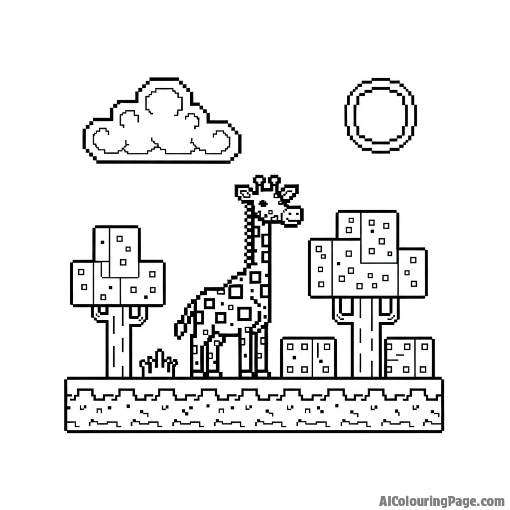 Pixel art scene of a giraffe in a classic 8-bit video game world.