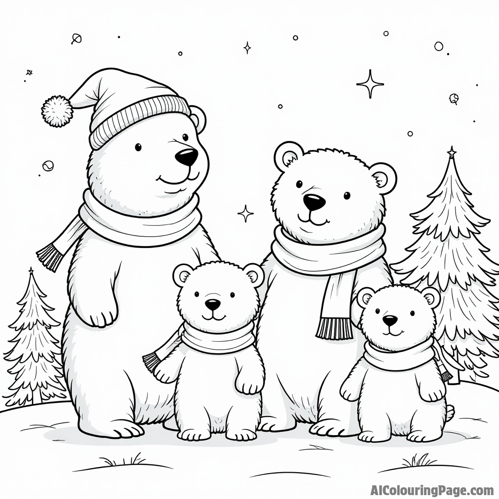 A family of polar bears celebrating Christmas, wearing scarves and hats, with a snowy backdrop and a decorated tree nearby.