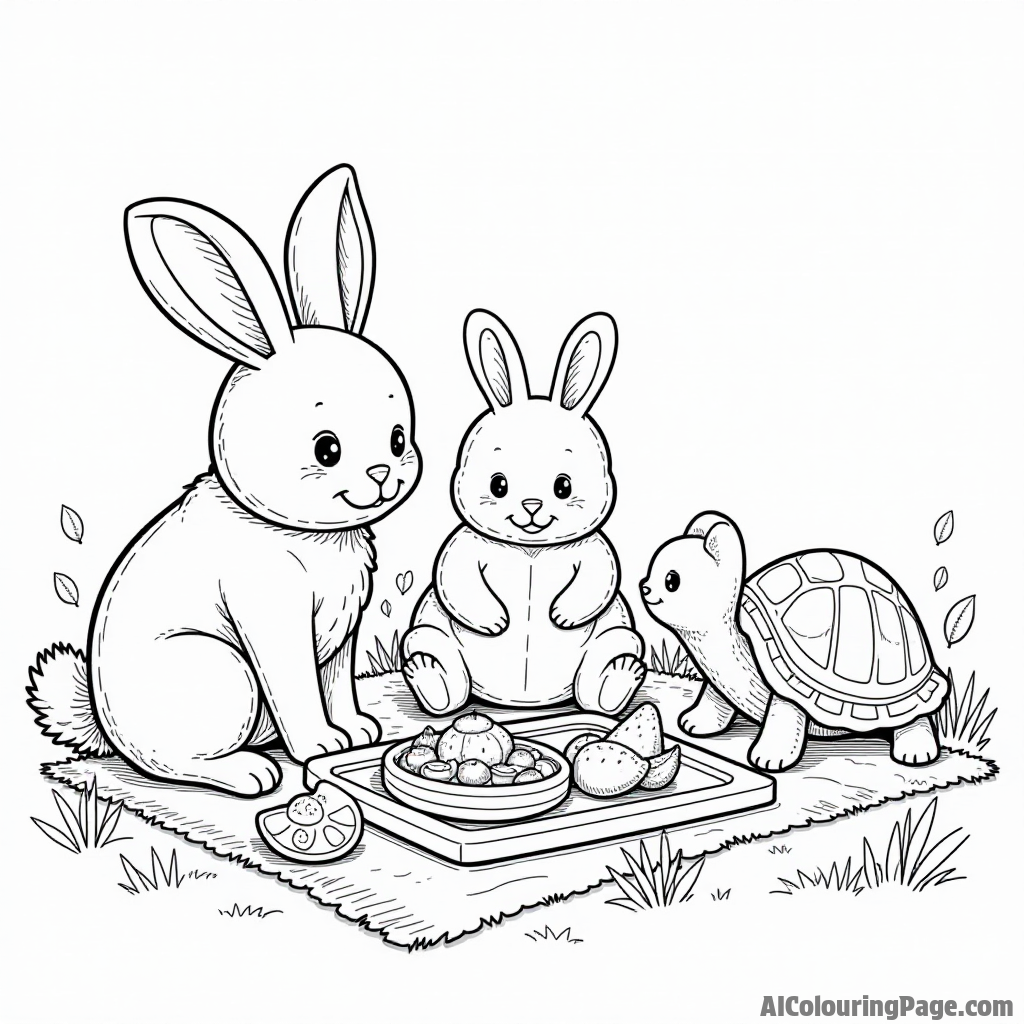 A group of bread animals, including a bunny and a turtle, gathered around a picnic spread with jam and fruit.