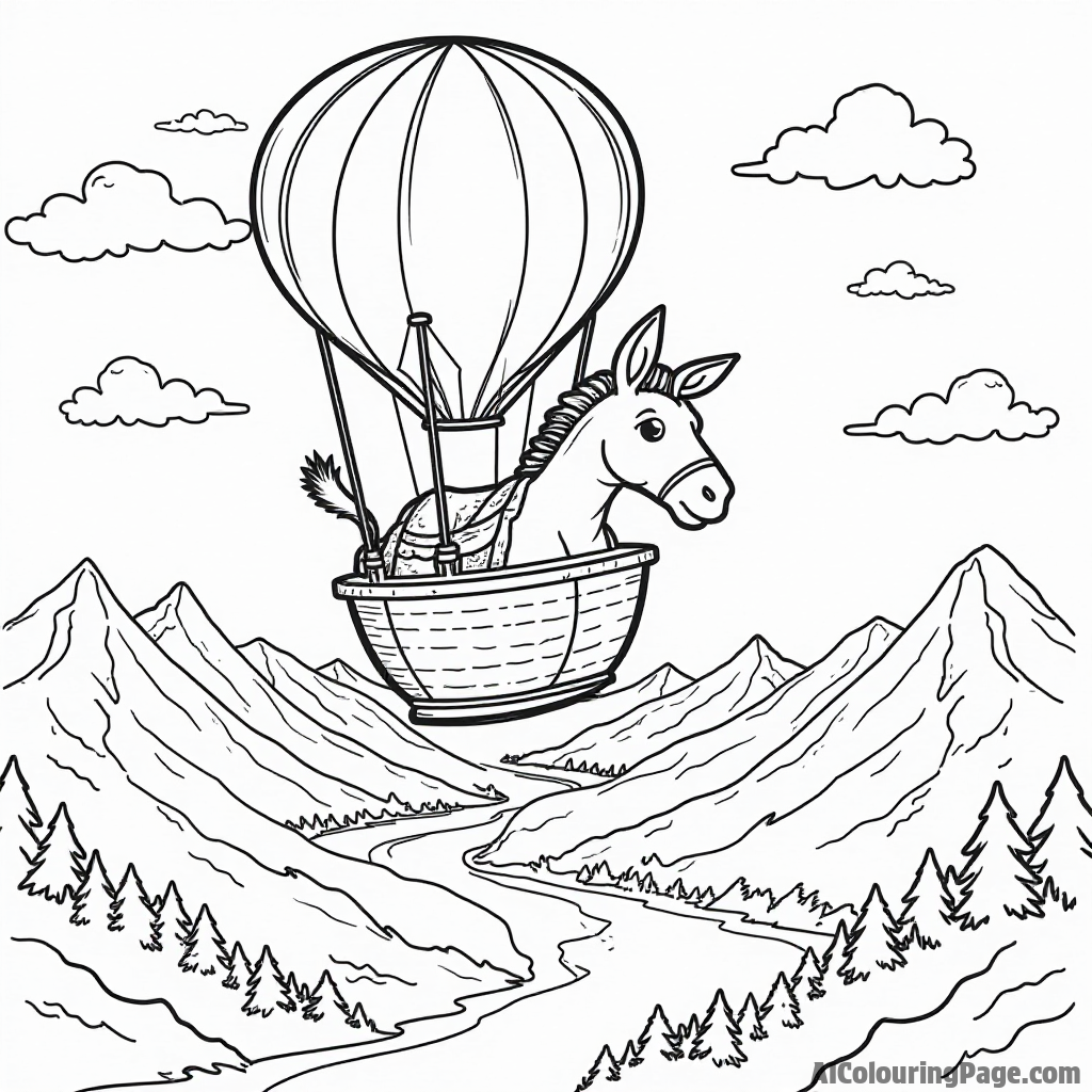 A donkey flying in a hot air balloon, floating over a scenic landscape filled with mountains and rivers