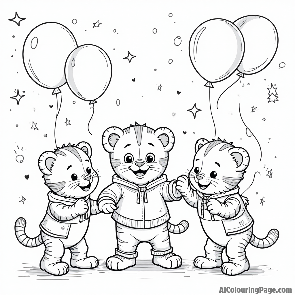 Daniel Tiger and his friends having a fun dance party with colorful balloons and streamers in the background, celebrating together.