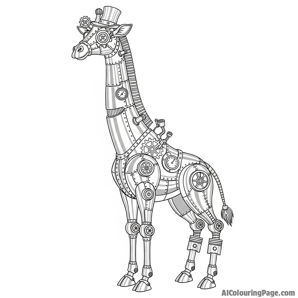 A steampunk giraffe with visible gears, cogs, and polished metal plates.
