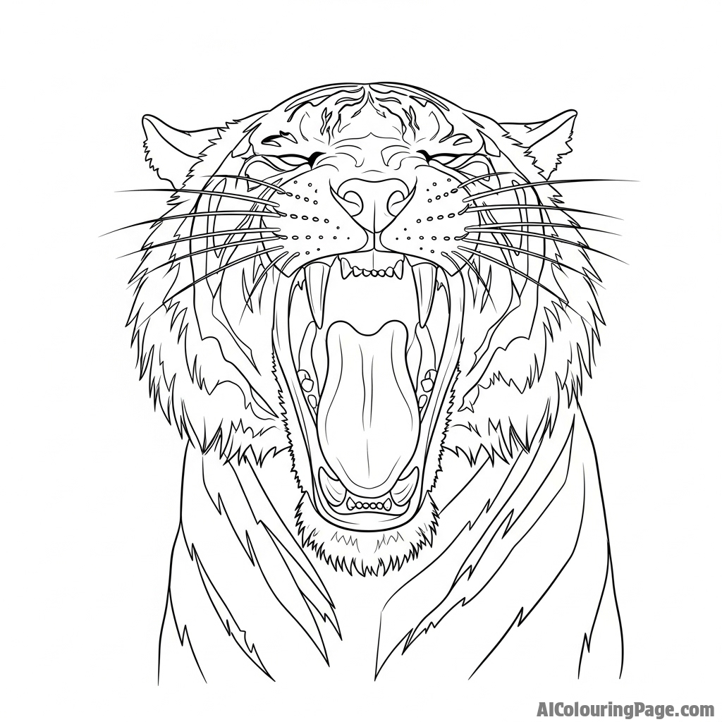 A high-contrast photograph of a tiger yawning, showcasing its formidable teeth.