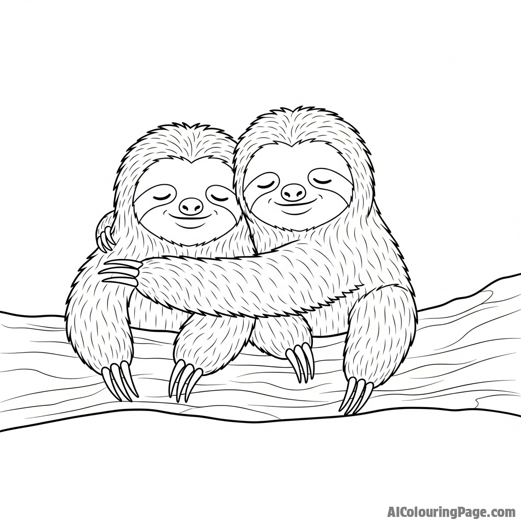 Two sloths sharing a gentle hug on a sturdy branch.