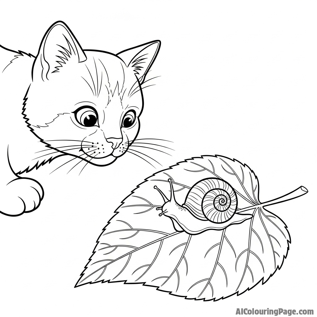 A cat looking inquisitively at a snail crawling on a leaf.
