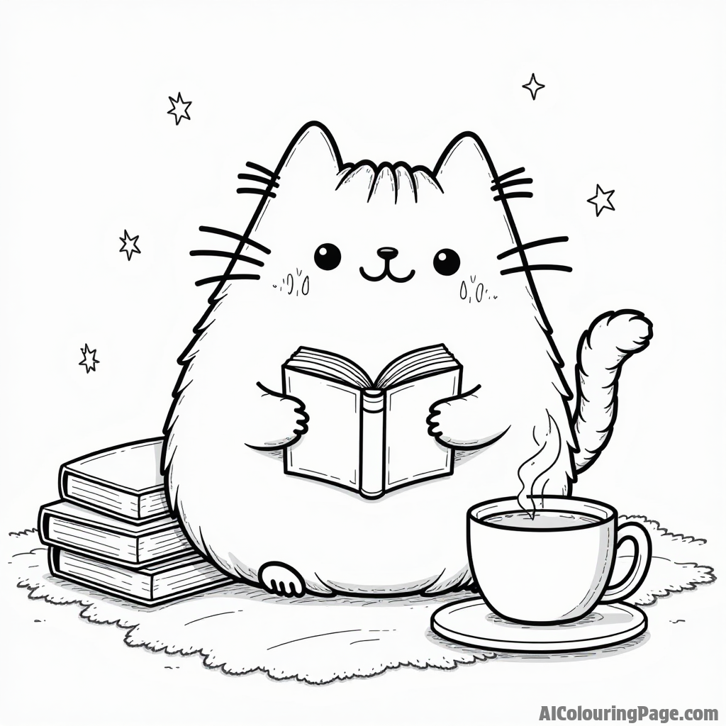 Pusheen having a cozy reading session with a stack of books and a steaming cup of cocoa nearby on a blanket