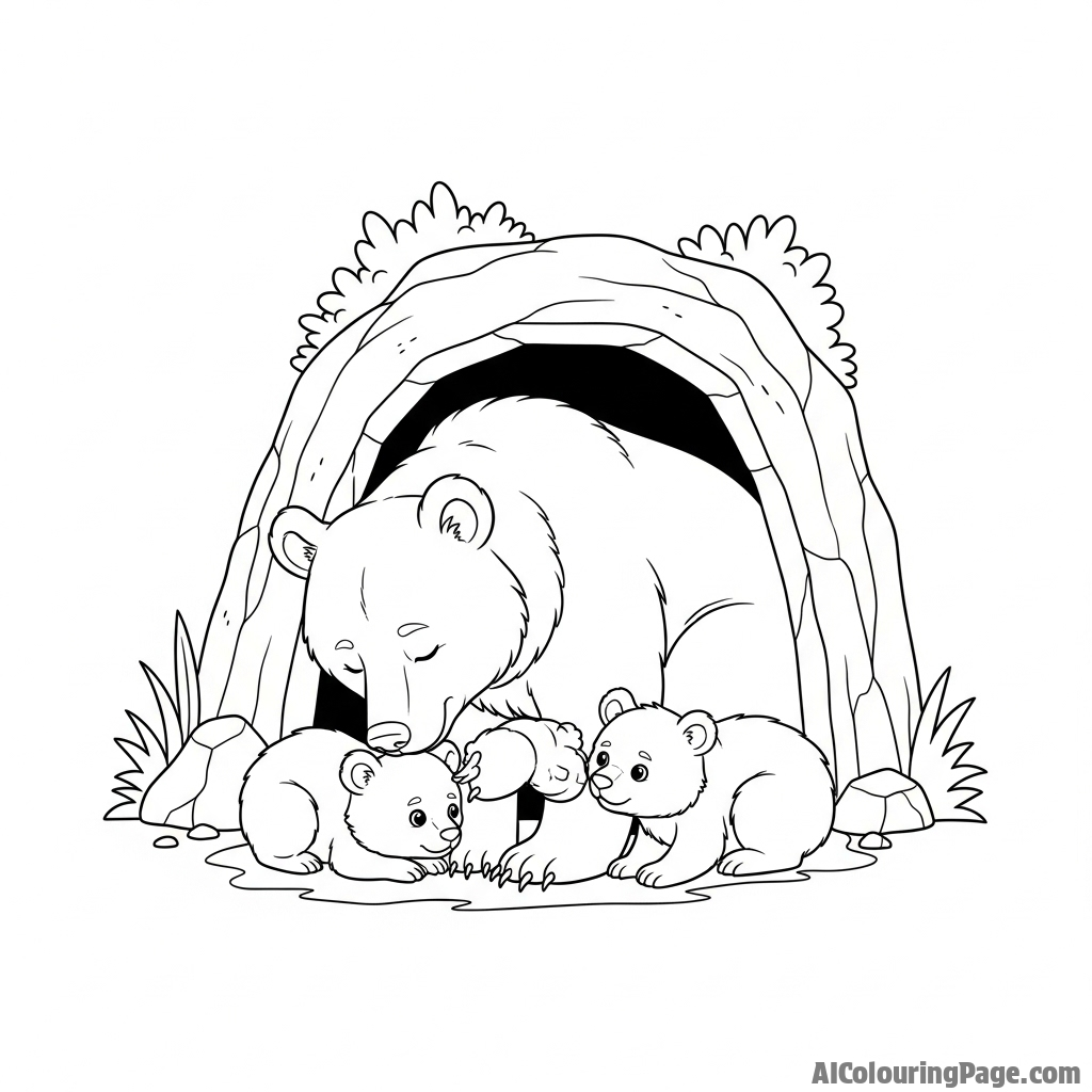 A mother bear gently nuzzling her cubs at the entrance of their den.