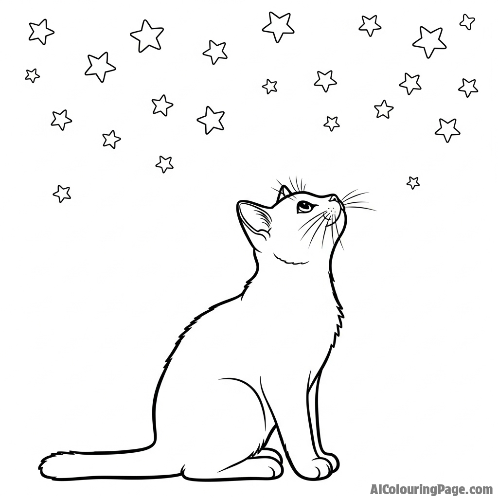 A cat looking up at a sky full of stars.