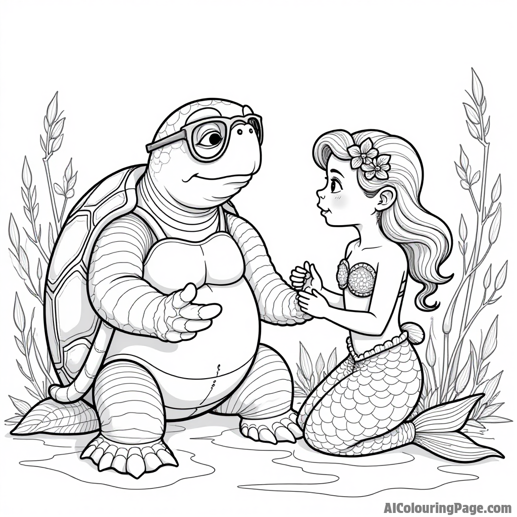 A wise old sea turtle wearing glasses, teaching a young mermaid about ocean plants and their magical properties.