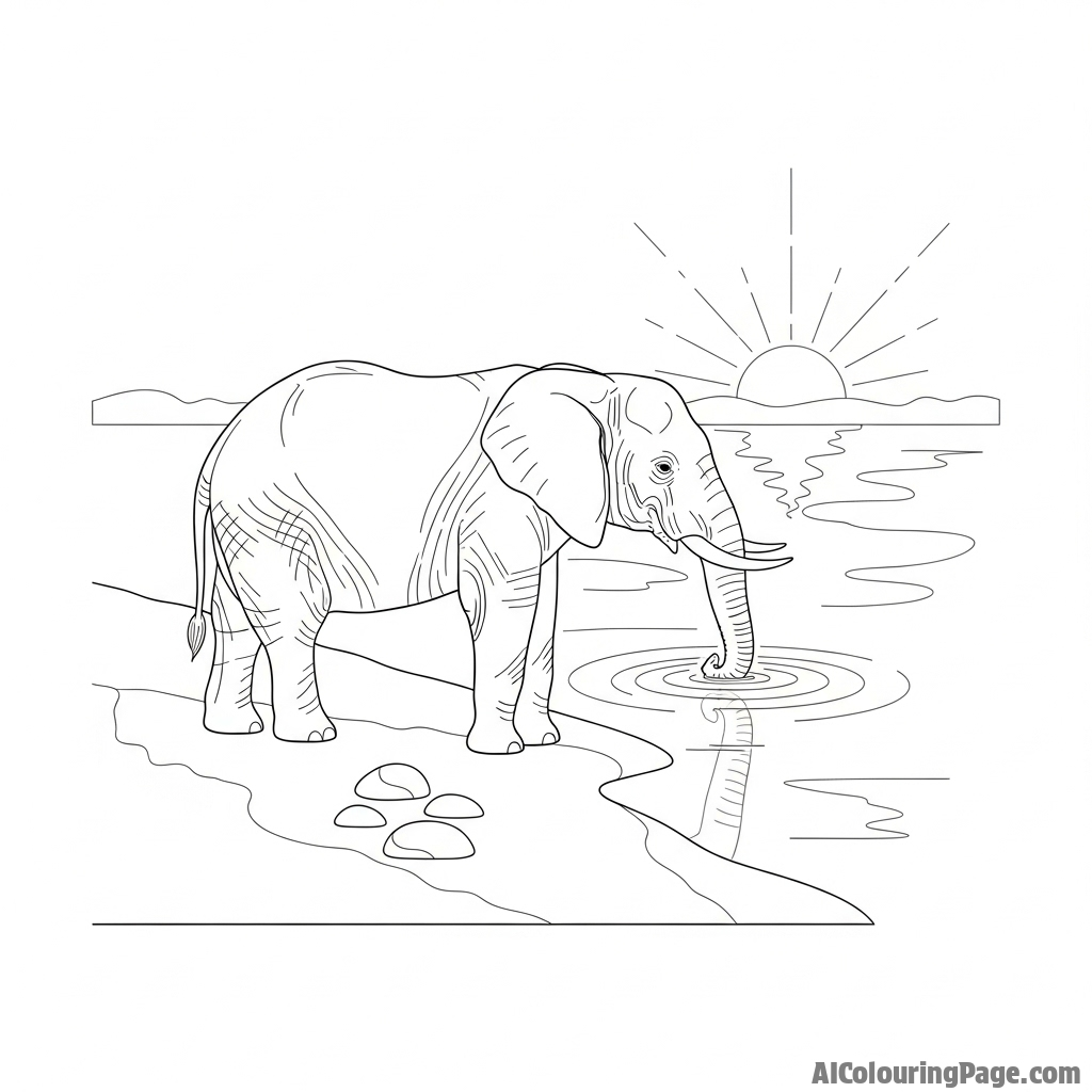 An elephant quietly drinking from a river at twilight.