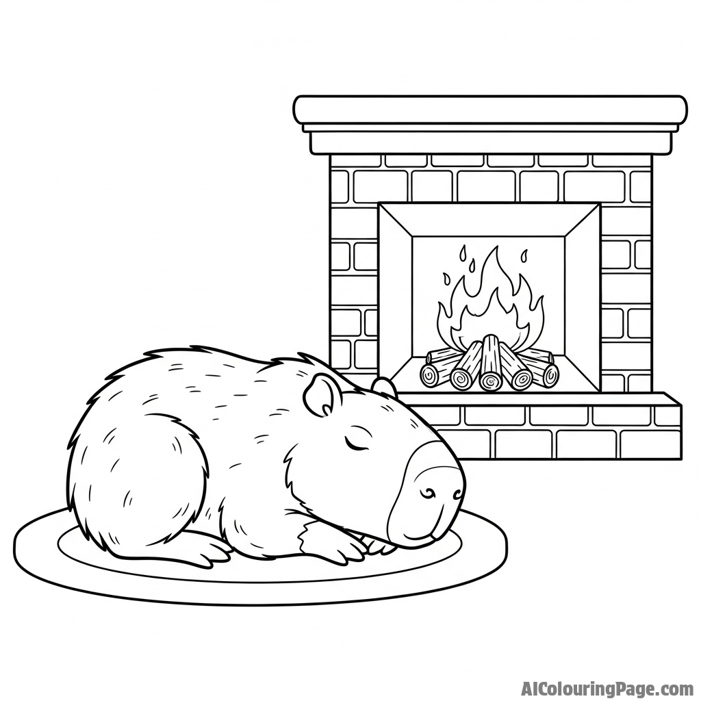 A capybara curled up and sleeping soundly next to a warm fireplace.