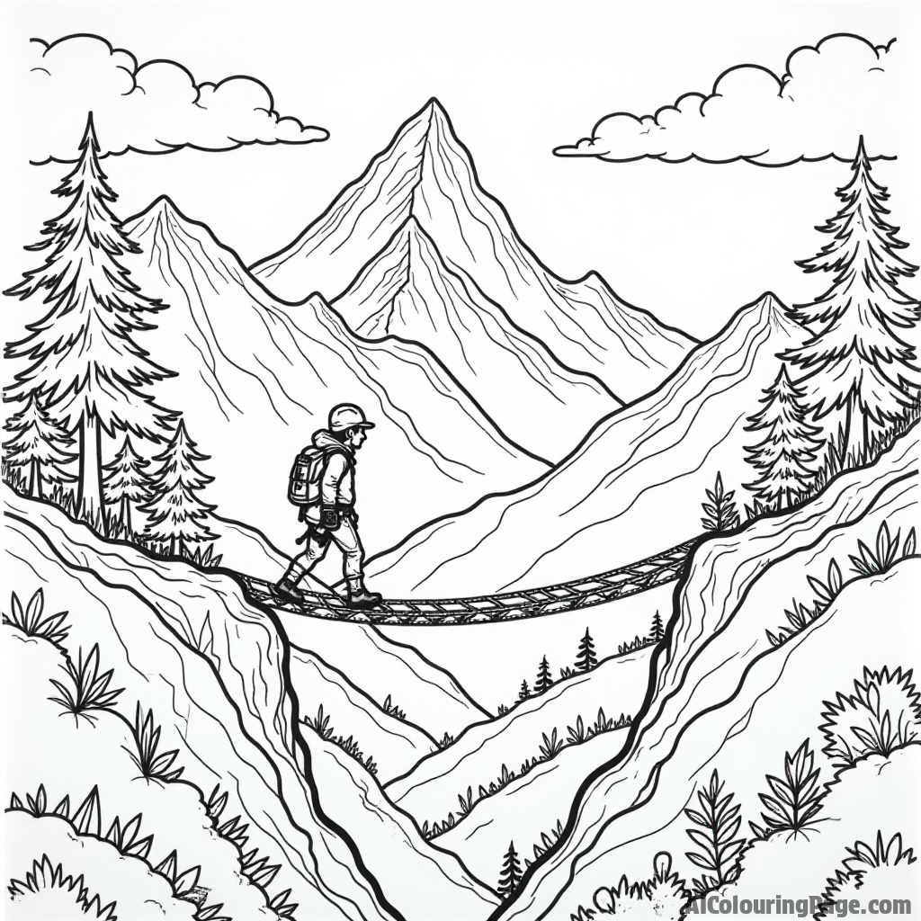 A mountain scene with a climber crossing a rope bridge, with lush greenery and distant peaks visible, inviting children to add their own colors to the adventure.