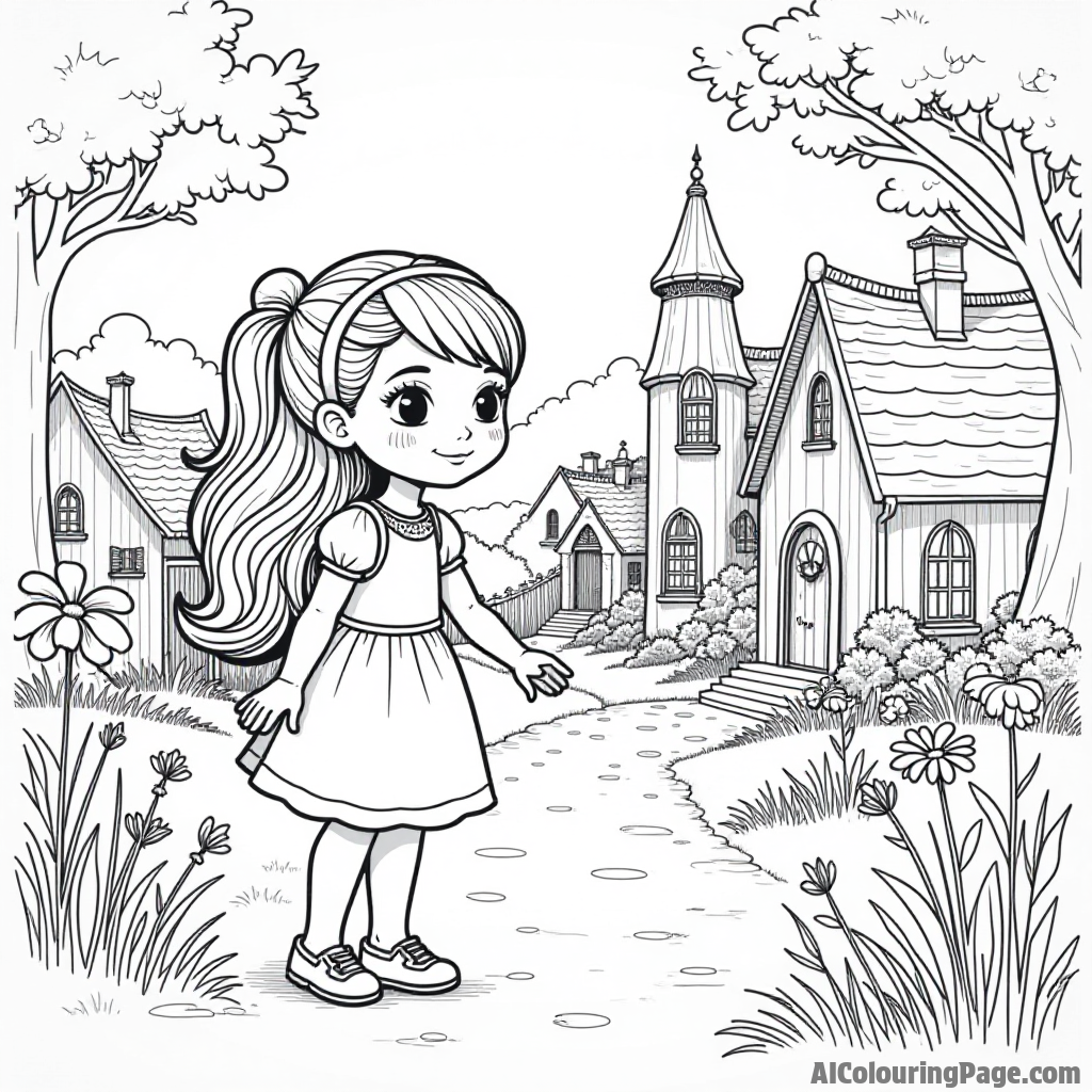 A doll exploring a fairy-tale village, with charming houses, flowers, and friendly villagers waving hello as she walks by.