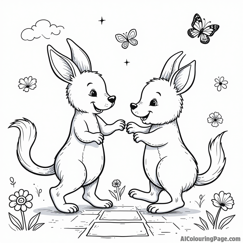 Kanga and Roo playing hopscotch on a sunny day, with flowers and butterflies dancing around them in the air.