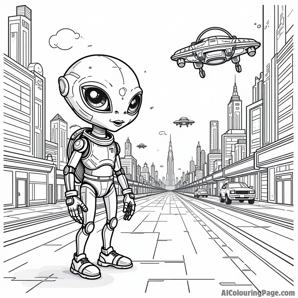 An alien with a pet robot exploring a futuristic city filled with flying cars and bright neon lights, a fun theme.