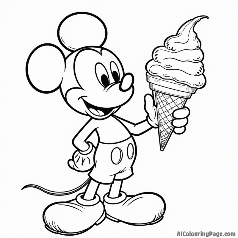 Mickey Mouse eating a giant ice cream cone