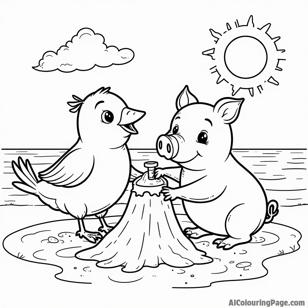 A bird and a pig enjoying a sunny day at the beach building a sandcastle together with buckets and shovels