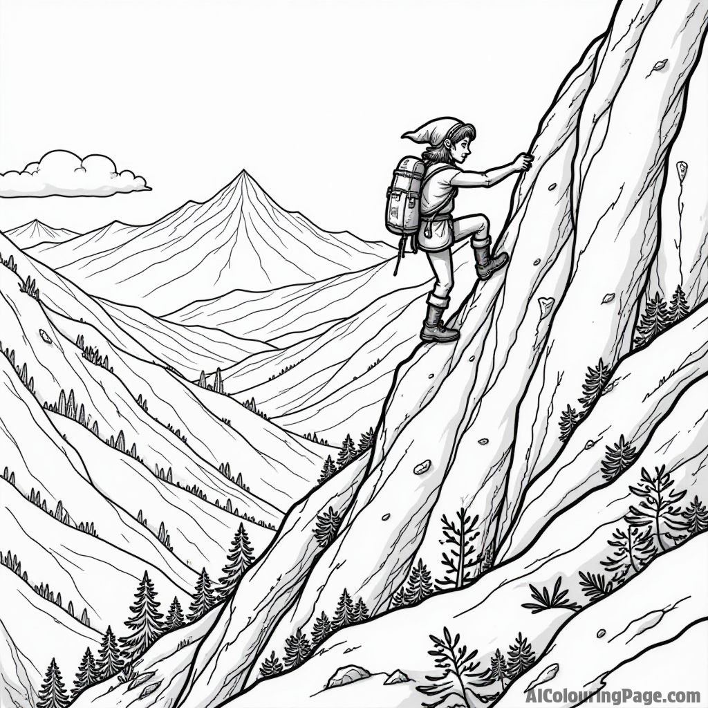 Link climbing a steep mountain with determination, rocky terrain, and a breathtaking view of the valley below