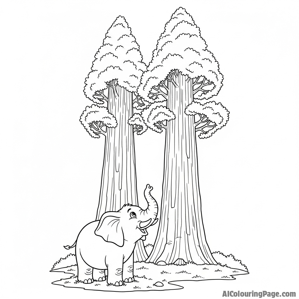 An elephant standing dwarfed by the immense scale of ancient sequoia trees.