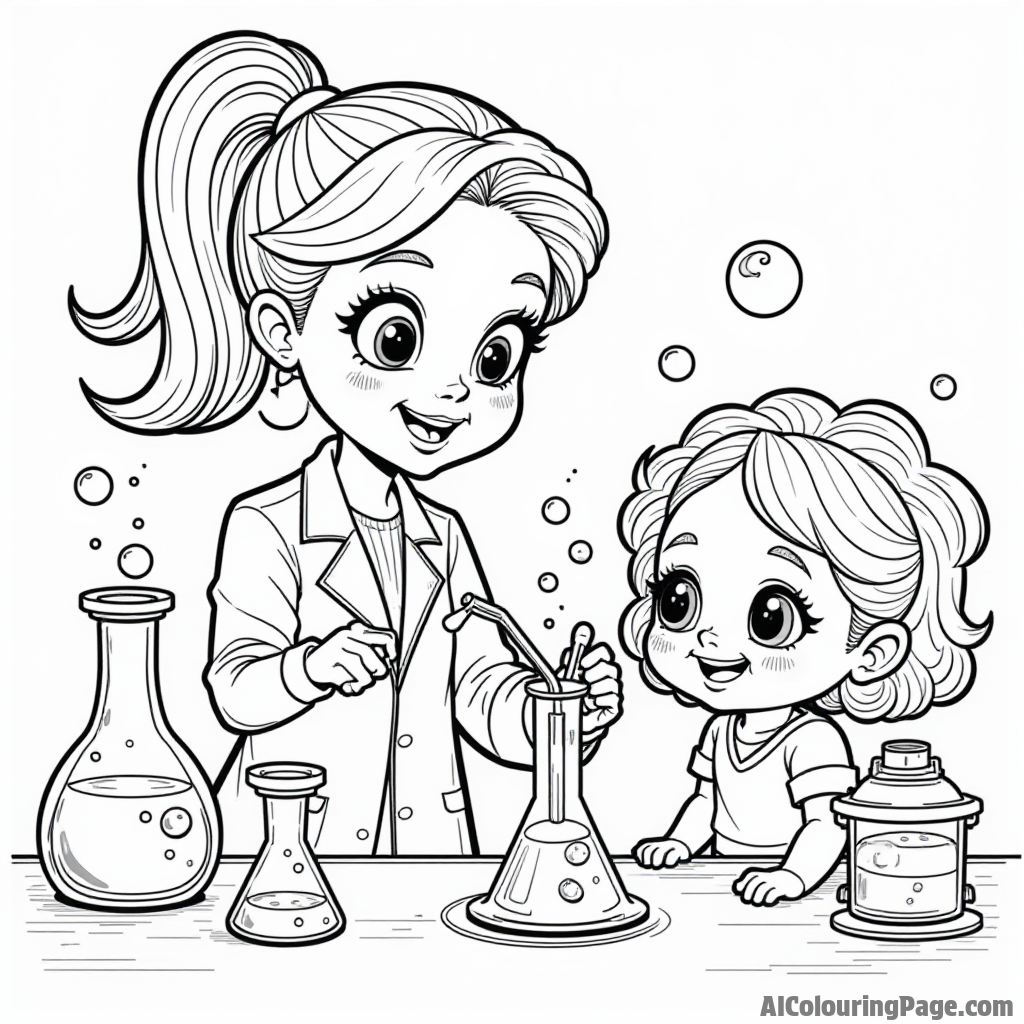 Blossom leading a science experiment, with Buttercup and Bubbles observing, surrounded by colorful liquids and exciting equipment