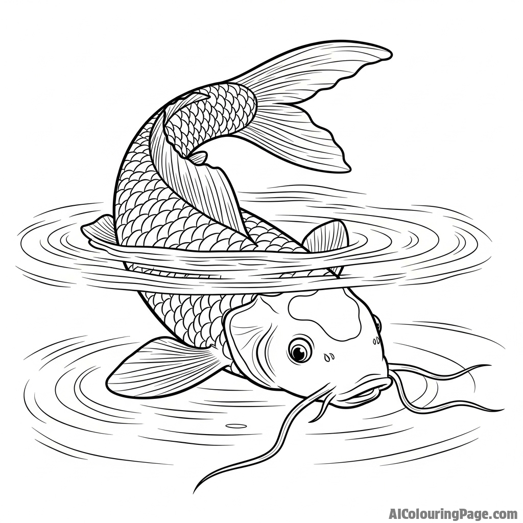 A majestic koi fish gliding beneath the surface of a tranquil pond, its whiskers trailing.
