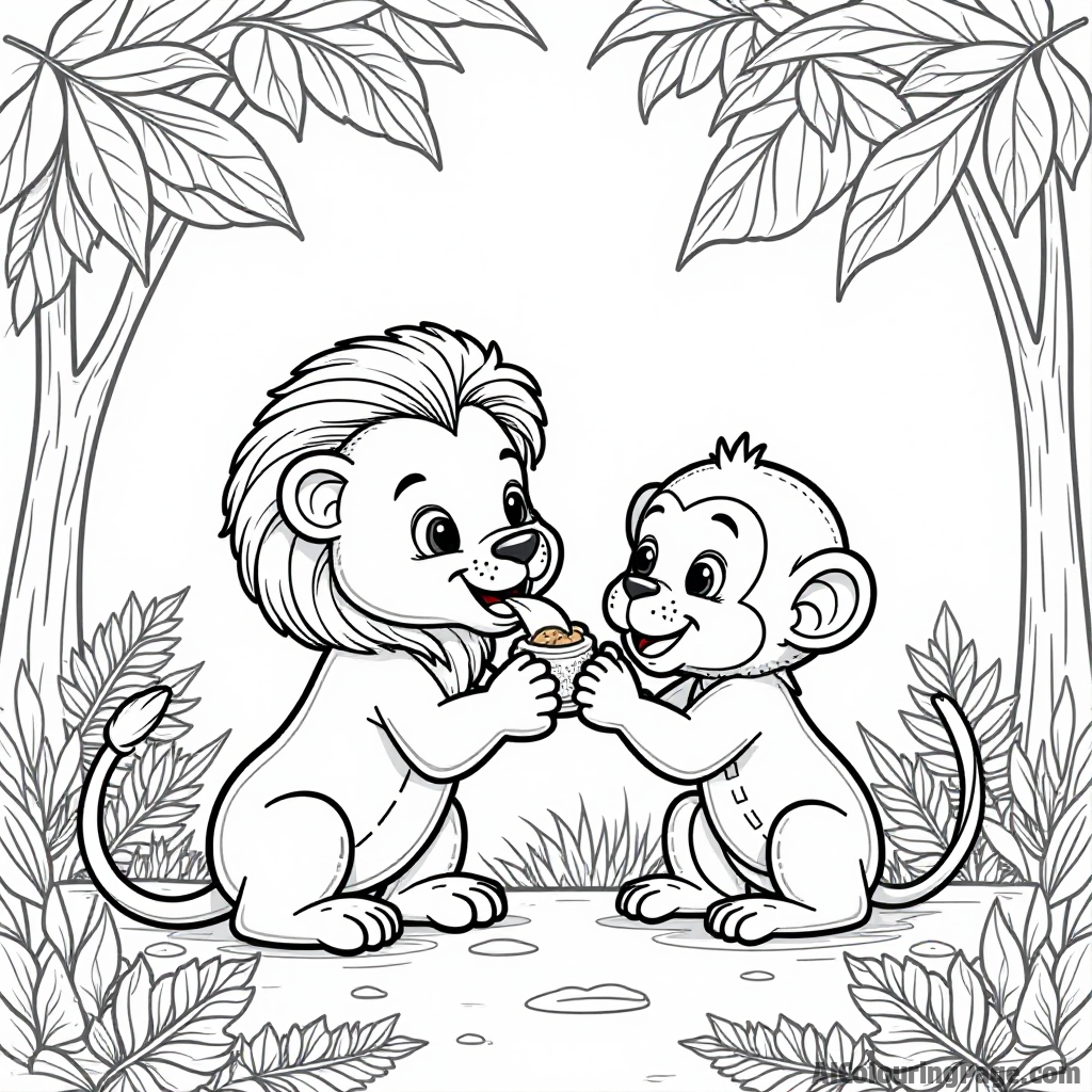 A friendly lion cub and a playful monkey sharing a snack under a jungle canopy, surrounded by tropical flowers and ferns, providing a delightful and adventurous coloring experience for kids.