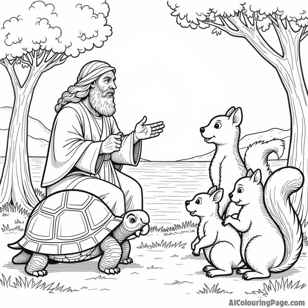 A scene of Noah explaining the flood to a group of attentive animals, including a wise old tortoise and a lively squirrel.