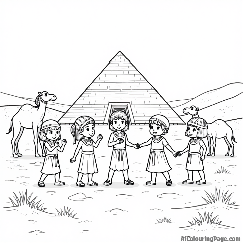 A playful scene of children dressed as ancient Egyptians, playing games near a pyramid, with camels and sand dunes in the background, bringing the history and mythology of ancient Egypt to life.