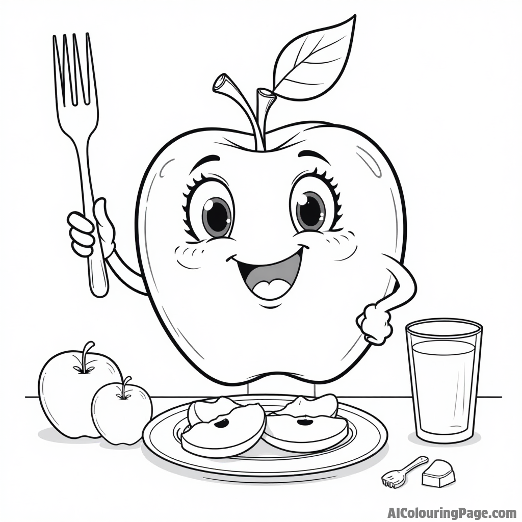 A cheerful apple character holding a fork, surrounded by a plate of apple slices and a glass of apple juice.