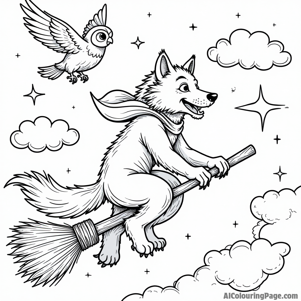 A werewolf flying through clouds on a magical broomstick with a flying owl and sparkling stars around.