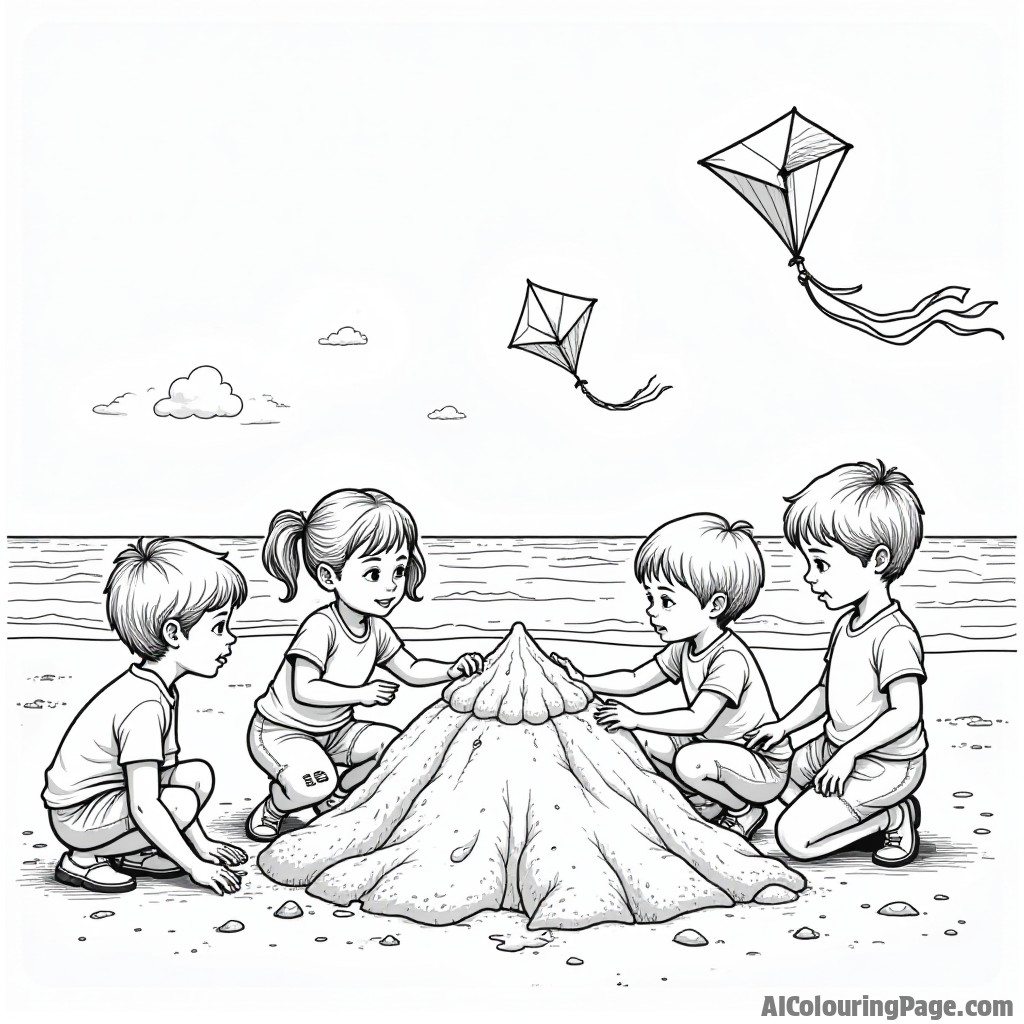 A group of children building a sandcastle shaped like a flag at the beach, with kites flying overhead and their families enjoying the 4th of July festivities.