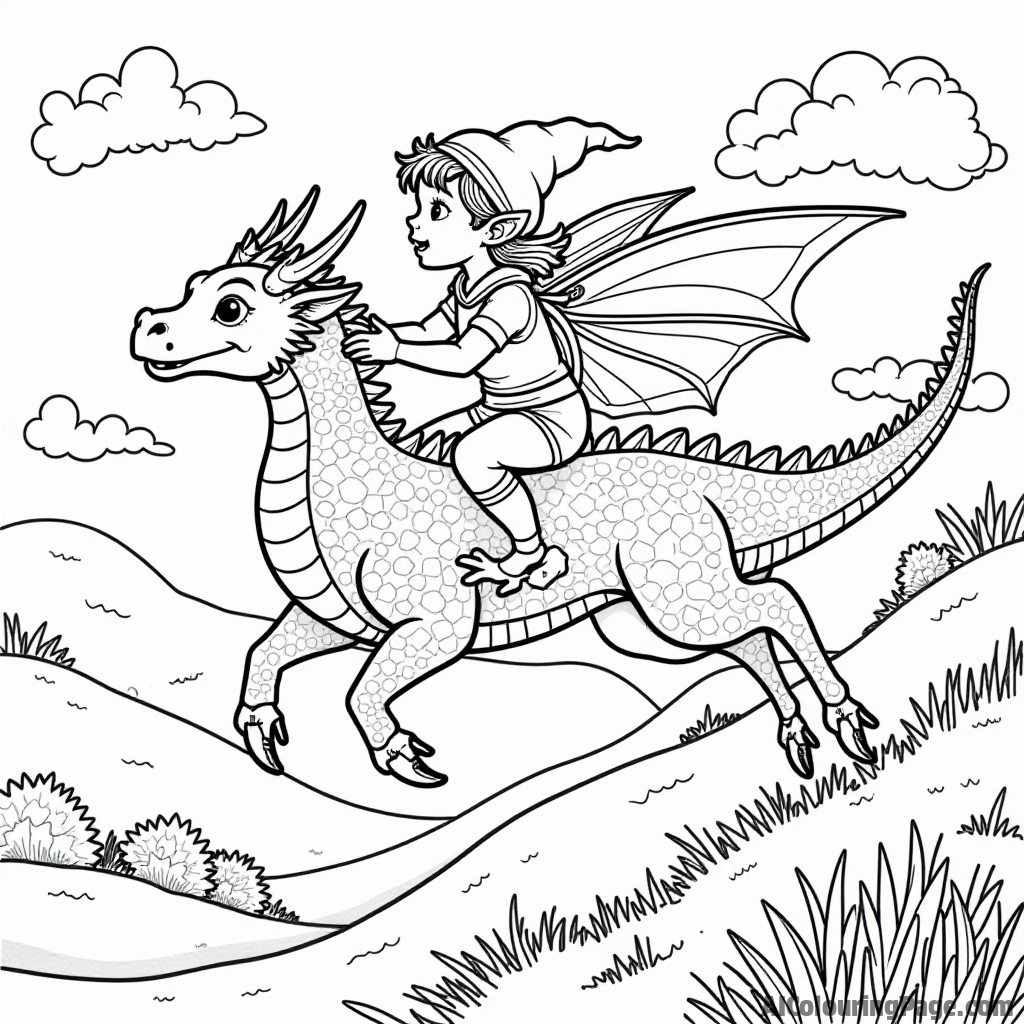 An elf flying on a colorful dragon over a fantastical landscape, featuring rolling hills and a rainbow, providing a magical scene for children to color in their own imaginative ways.