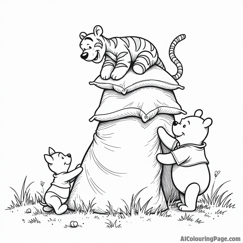 Winnie the Pooh and Piglet building a fort out of pillows, with Tigger bouncing on top, causing funny chaos.