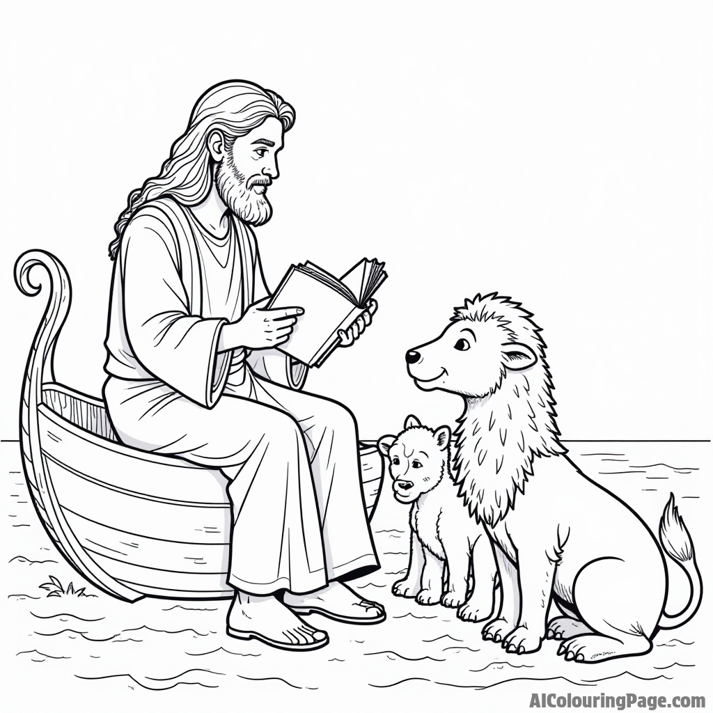 Noah holding a book while sitting on the ark, reading stories to a circle of animals gathered around him.